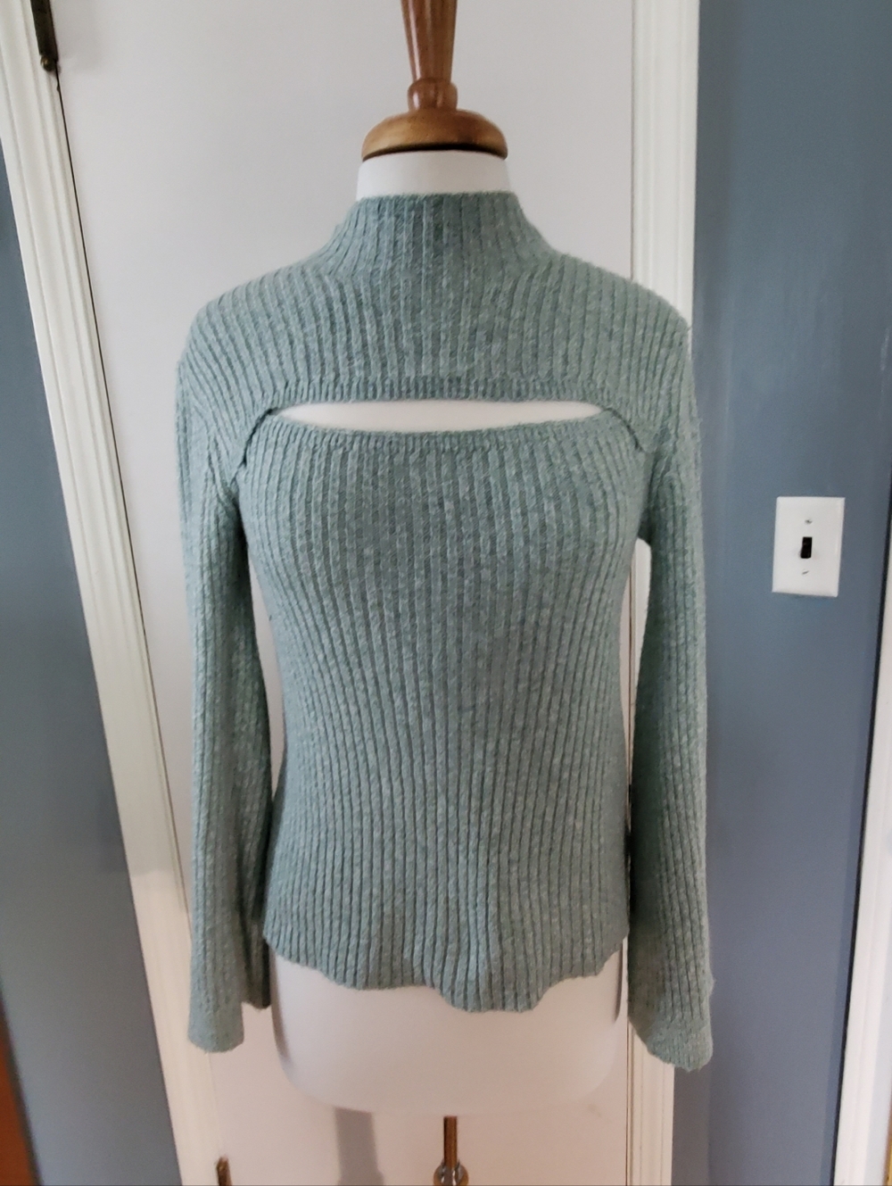 Ribbed Cutout Mock Neck Sweater - Sage Green & white mix